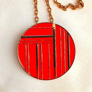 Geometric Mod Orange and Gold Tone Pendant Necklace